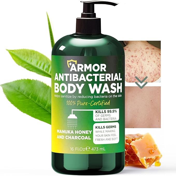 Antibacterial Body Wash | Antibacterial Soap for Men &amp Women | Kills 99.9% of Germs &amp Bacteria | Helps with Back Acne Body Odor &amp Skin Irritation | Manuka Honey &amp Charcoal 16 fl oz