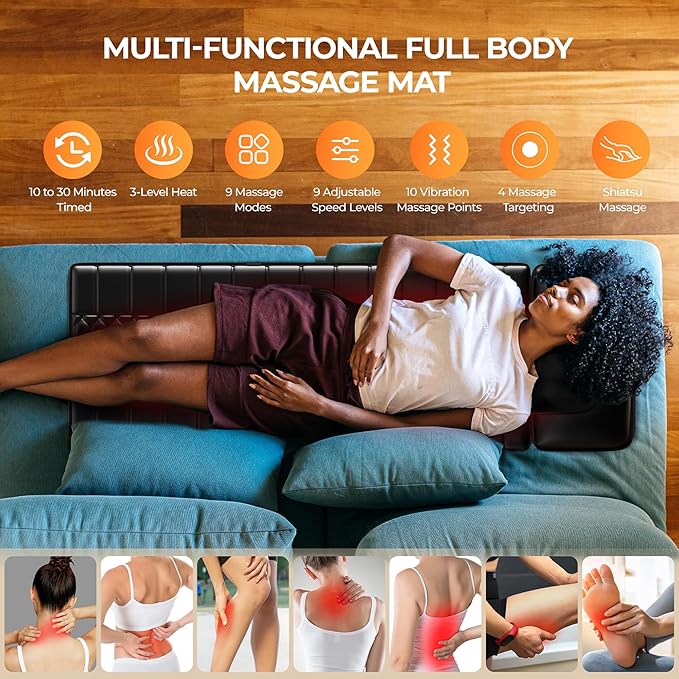 Shiatsu Full Body Massage Mat with Heat Detachable Massager Pad 10 Vibrating Motors 9 Intensity Levels Deep Tissue Pain Relief for Back Neck &amp Legs – Relaxation at Home or Office