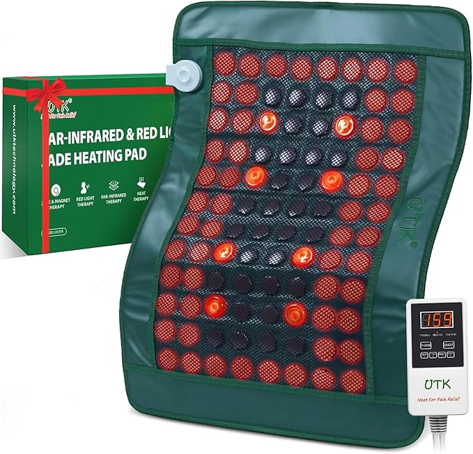 UTK Far Infrared Heating Pad for Back with Red Light Therapy 8X Pain Relief for Body Hot to 159℉ FSA-HSA Eligible Auto Shut Off 56 Jades &amp 32 Magnets Stone 26 x 20''