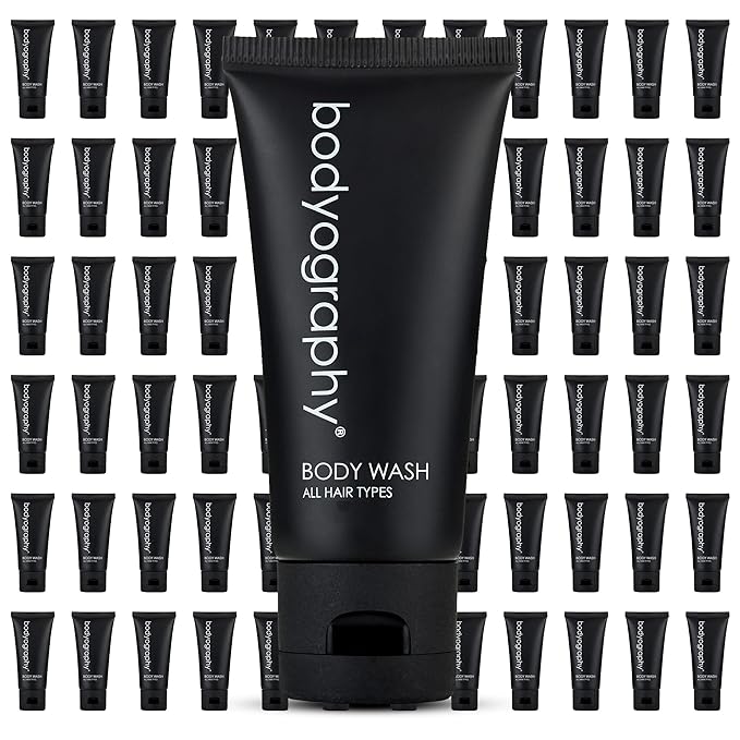 World Amenities - Bodyography - Bulk Body Wash | 50 Count 1.4oz | Lavender Peppermint Mini Travel Size Toiletries (100% Recyclable Tube with Flip Top Cap) Hotel Amenities.