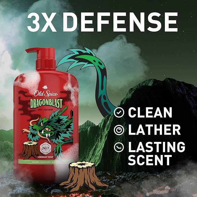 Old Spice Cleansing Body Wash for Men 3X Defense 24/7 Shower Fresh with Lasting Scent 2-in-1 Body &amp Face Wash Dragonblast Scent 33.4 (Pack of 4)