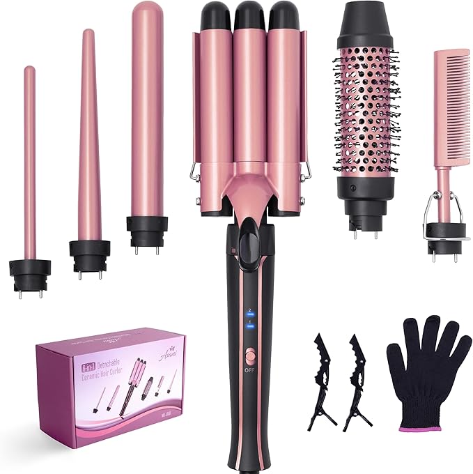 Asani Curling Iron Wand Set 6-in-1 - Beachwaver Hair Curler with 3 Barrel Hair Crimper Tapered Spiral Curling Iron - Fast Heating Travel Hot Styling Tools for Women with Dual Voltage (110-240V AC)
