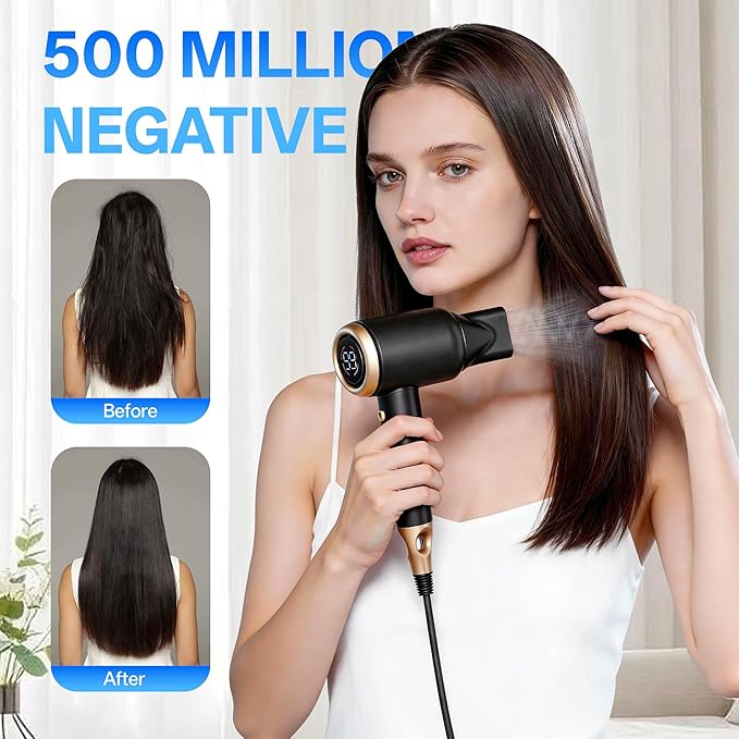 VAGARY Hair DryerHigh-Speed Blow Dryer with 500 Million Negative Ions110000 RPMLow NoiseHD Display 5 Temps &amp 2 SpeedsNo Heat Damage Lightweight with Magnetic Concentrator(Gold)