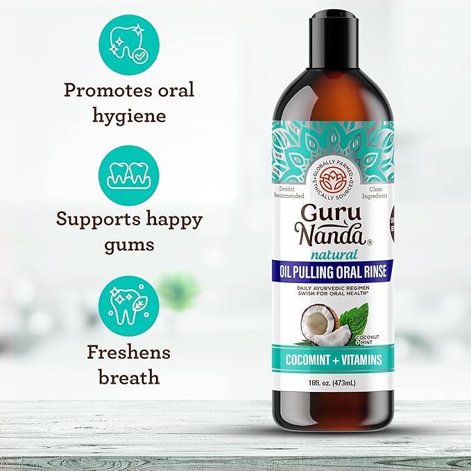 GuruNanda Whitening &amp Fresh Breath Bundle – 7-Day Whitening Strips Hydroxyapatite Toothpaste &amp CocoMint Oil Pulling 16oz for a Brighter Smile &amp Happier Gums