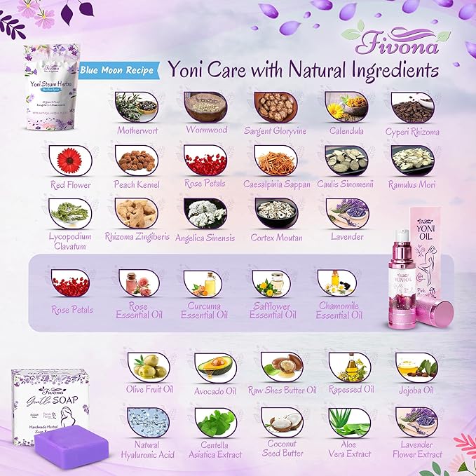 FIVONA Yoni Care Kit 6 in 1 - pH Balanced Natural Yoni Oil Herbal Soap Bar for Feminine Wash Detox V Steam Herbs Blue Moon Foldable Sitz Bath Steam Pot Hand Flusher and Drawstring Storage Bag