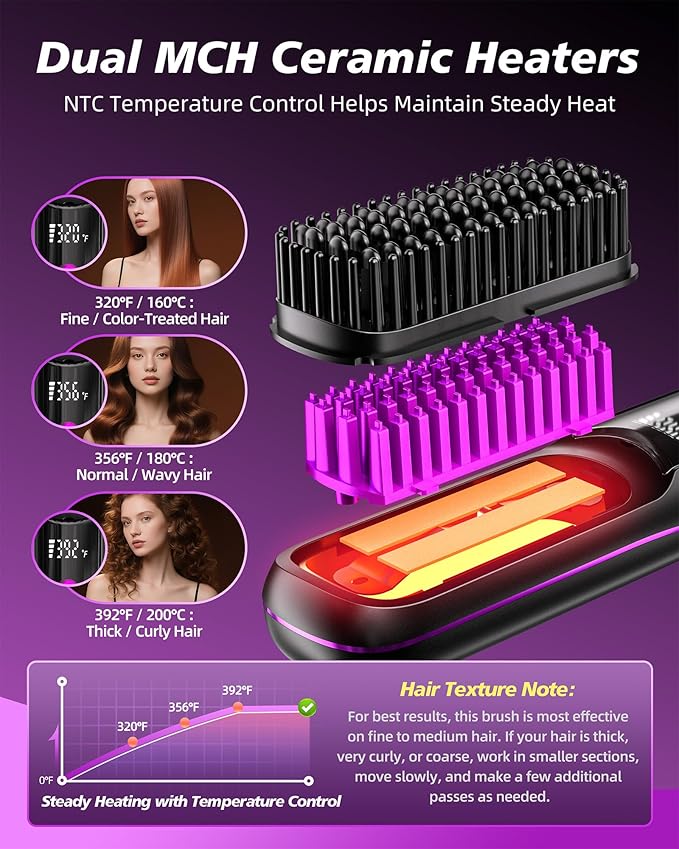 VELORIA Cordless Hair Straightener Brush with Charging Dock LED Temp Display 3 Heat Settings 320-392°F Ceramic Heated Straightening Comb Dual Lithium Battery 6000mAh Black