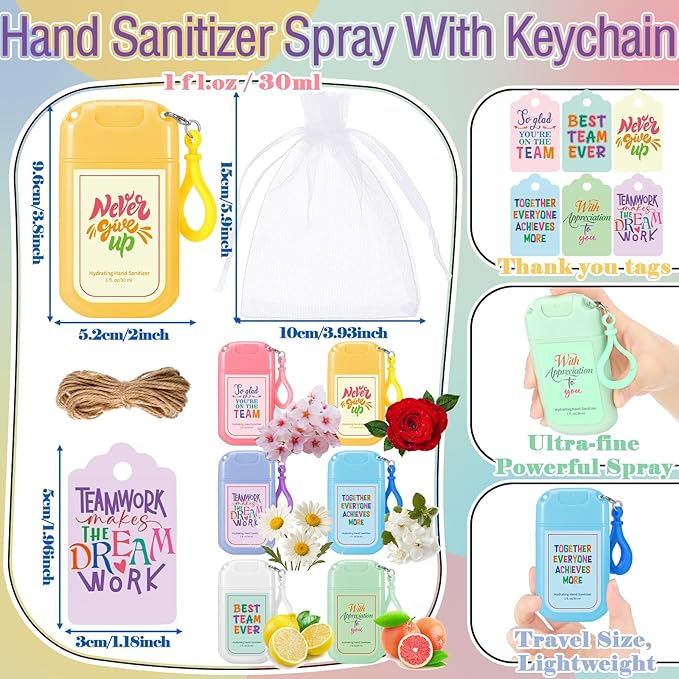24 Set Team Employee Appreciation Gifts Bulk Mini Mist Hand Sanitizer Spray Keychain 1 oz Travel Size with Tag Team Building Gifts for Employee Coworker Staff Teacher Nurse