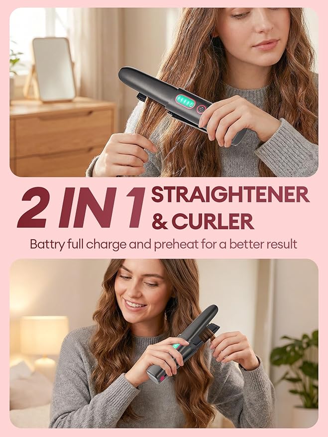 Mini Cordless Hair Straightener Rechargeable - 0.7 Inch Ceramic Fast Heat Up for Long Short Hair - 2 in 1 Styling Tool Small Flat Iron 320℉ 360℉ 410℉ 470℉