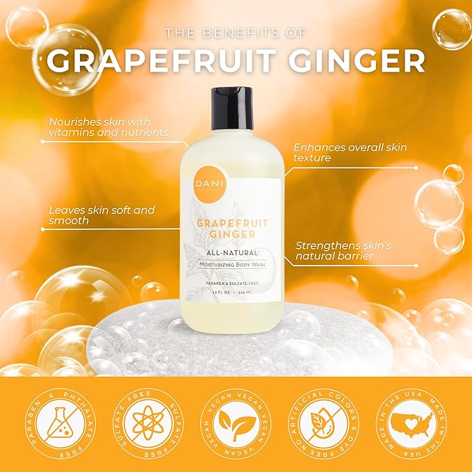 DANI Naturals Moisturizing Body Wash - Grapefruit Ginger Scent Organic Aloe Vera &amp Glycerin Sulfate-Free Vegan pH-Balanced 12 oz - Refreshing Moisturizing Shower Gel for Soft Skin