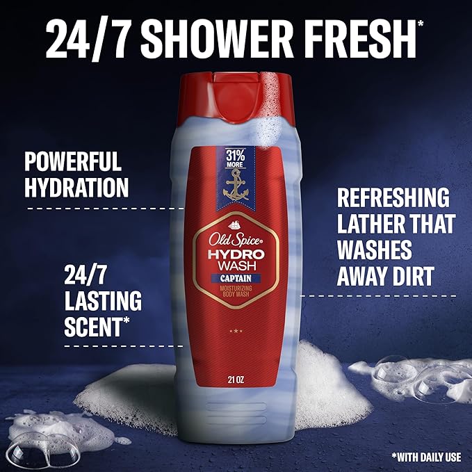 Old Spice Moisturizing Body Wash for Men Hydro Wash 2-in-1 Long Lasting Scent &amp Deep Hydration 24/7 Shower Fresh Captain Scent 21 oz (Pack of 4)