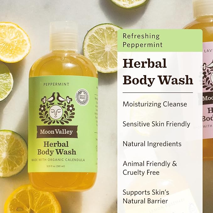 Herbal Body Wash Peppermint by Moon Valley All Natural Ingredients No Parabens Vegan Moisturizing Essential Oils Two Pack