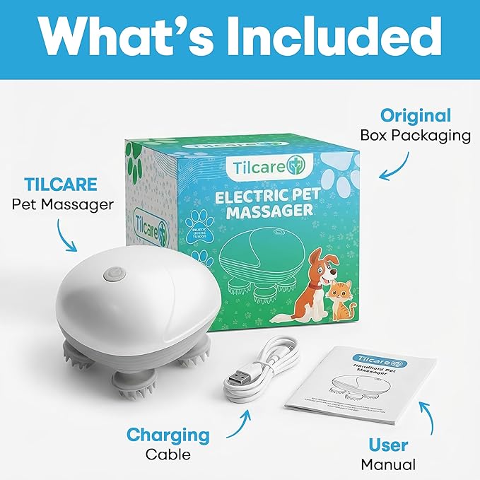 Tilcare Handheld Pet Massager for Dogs and Cats Electric Cat and Dog Massage Tool - Head and Back Scratcher for Relieving Tension Tight Muscles and Stiffness with Four Rotating Massage Heads