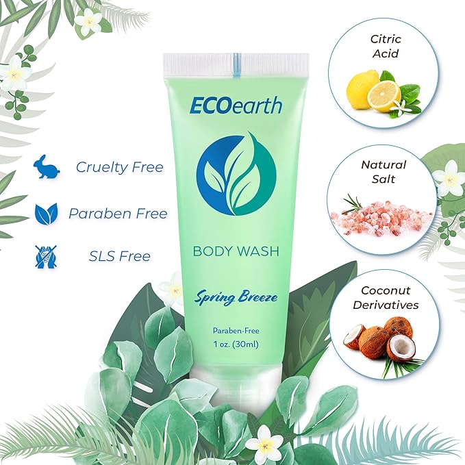 EcoEarth Travel Size Body Wash (1 fl oz 100 PK Spring Breeze) Delight Your Guests with a Revitalizing and Refreshing Hotel Body Wash Quality Mini and Small Size Guest Hotel Toiletries in Bulk