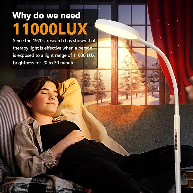 Light Therapy Lamp 3 in 1 Therapy Floor Lighting 11000 Lux Full Spectrum Therapy Lamps UV-Free LED Sunlight 10 Brightness/5 Color/Gooseneck/Height Adjustable Timer Control White