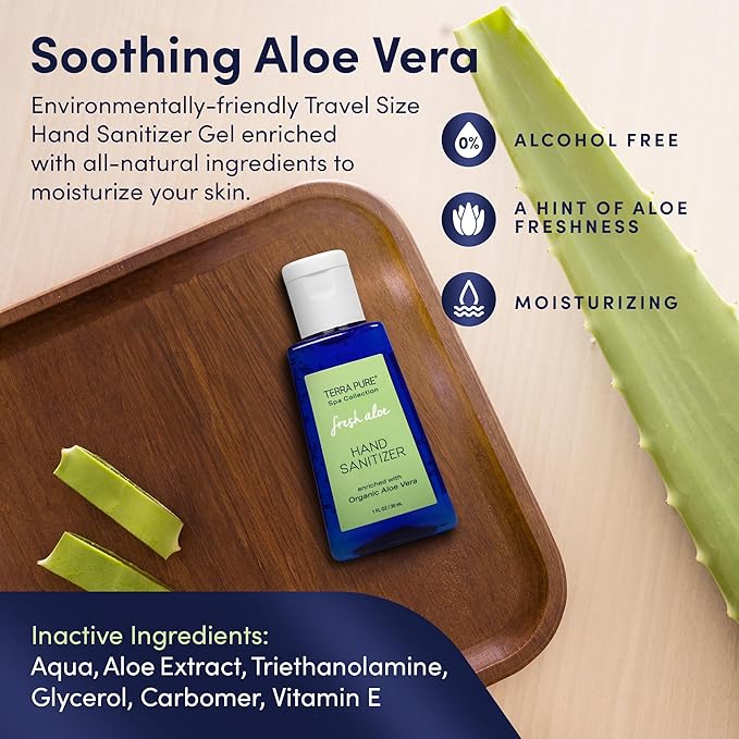 Terra Pure Hand Sanitizer Gel 1 oz 144 Pack Alcohol Free Silver Citrate Formula with Aloe Vera and Vitamin E Non Drying Bulk Travel Size for Hotels Gyms Schools Offices Events
