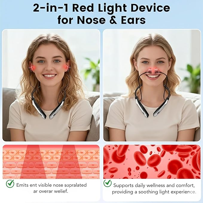 Red Light Therapy for Nose &amp Ears 2-in-1 Infrared Nasal &amp Ear Care Device Portable Lightweight Wellness Tool with Neck-Hanging Design Auto Timer Ideal for Seasonal Discomfort &amp Dry Ind