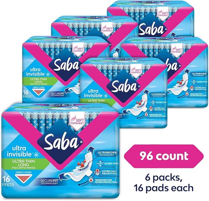 SABA Ultra Invisible Ultra Thin Long Pads with Wings Heavy Flow 6-Pack of 16 Pads (96 Count)