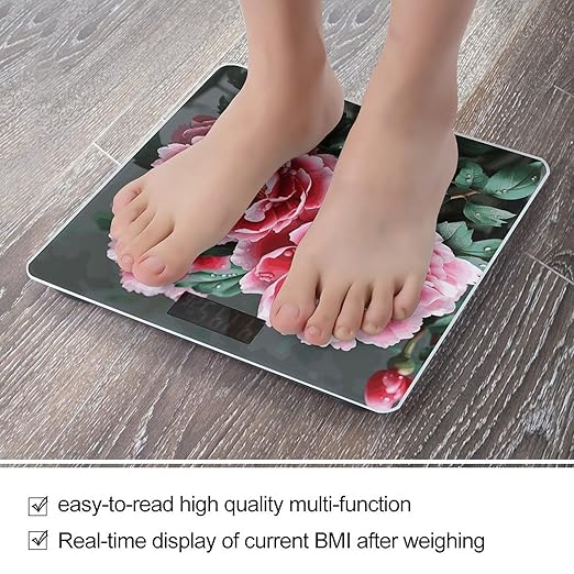 Beautiful Peony Flower Bathroom Scale for Body Weight Bathroom Digital Electronic Weighing Scale with Back Lit LED Display Sturdy Tempered Glass Weight Watchers Scales 400lb