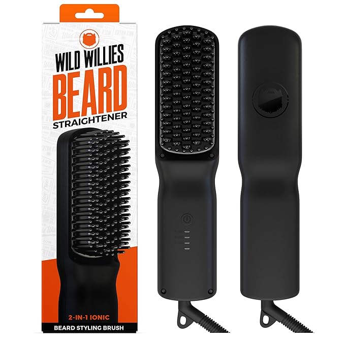 Wild Willies Beard Straightener for Men - 3 Temperature Settings Tourmaline Ceramic Heated Beard Brush &amp Hot Comb - Portable Ionic Technology Coarse &amp Curly Hair 400F - Grooming Tool