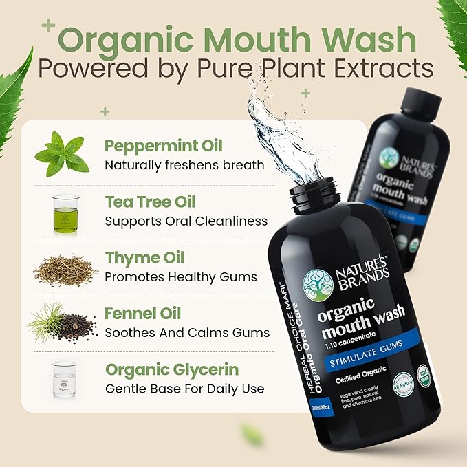 Nature's Brands - Herbal Choice Mari Organic Mouth Wash 8 Oz Peppermint Flavor - Tea Tree Thyme &amp Fennel Oils for Fresh Breath &amp Healthy Gums - 1:10 Concentrated Mouthwash in BPA-Free Bottl