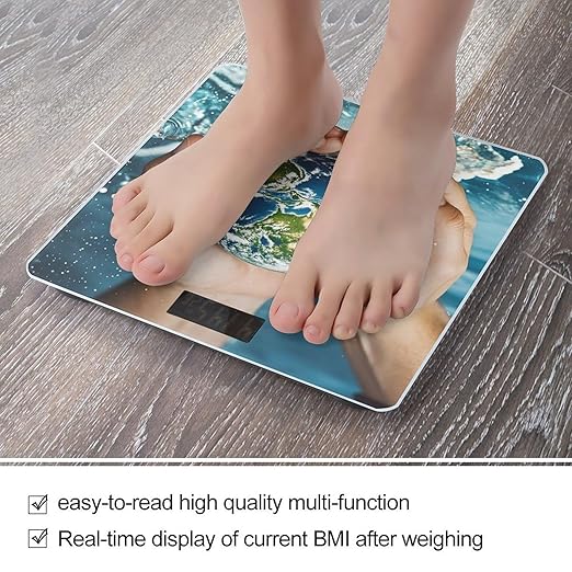 Hands Holding The Earth Bathroom Scale for Body Weight Bathroom Weighing Scales with Back Lit LED Display Sturdy Tempered Glass Body Weight Bathroom Scale 400lb Weighing