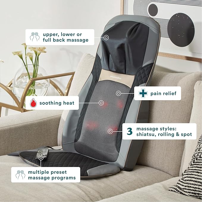 HoMedics Back Massager with Heat Shiatsu Elite II Heated Neck and Back Massage Cushion. 3 Different Massage Styles and 3 Massage Zones. Comes with Controller and Chair Straps