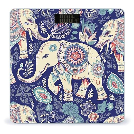 Boho Elephant Scale for Body Weight Safe Rounded Corners Tempered Glass Digital Bathroom Scale LED Display 400lb Capacity Weight Scales with High Precision Sensors
