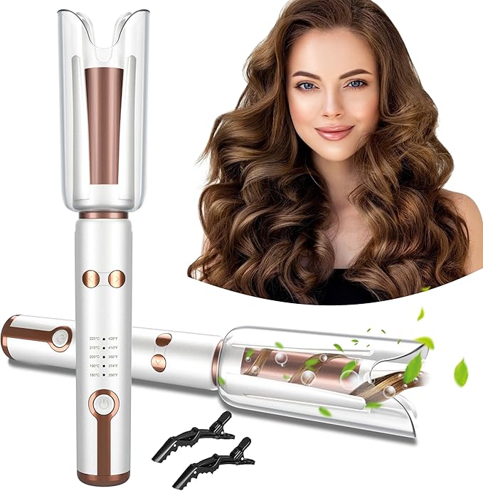 JINRI Automatic Rotating Curling Iron-Beach Waves Curling Wand Pumped-Up Volume Portable Hair Curler 500 Million Ionic Dual Voltage &amp Lightweight for Travel Ceramic Coating 1 Inch White