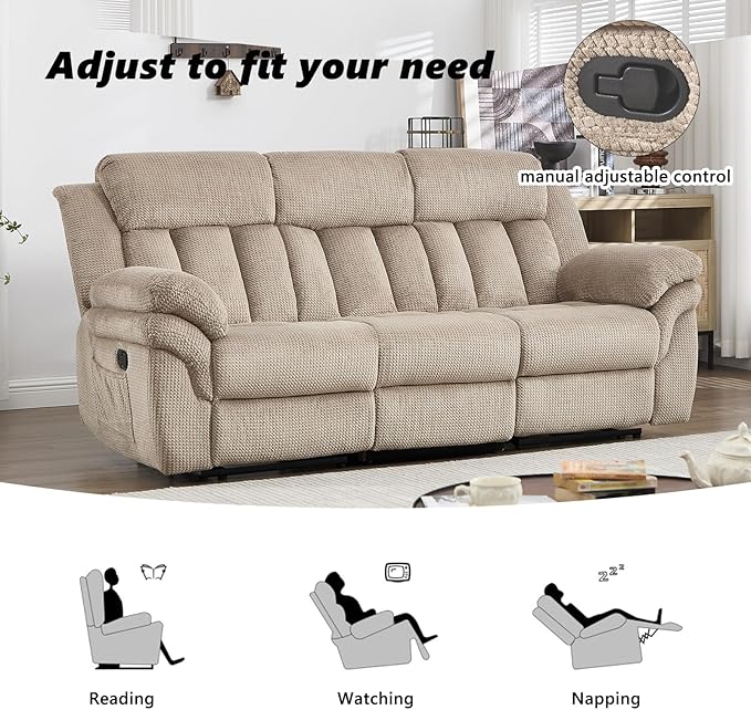 CANMOV Recliner Sofa Set Manual Reclining Sofa with Overstuffed Armrest for Living RoomBedroom FurnitureOffice3 Seat Light Brown