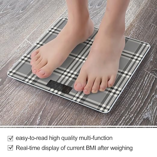 Gray Plaid Lines Bathroom Scale for Body Weight LCD Display Digital Bathroom Scale Tempered Glass Bathroom Weight Scales Fashion Smart Scales for Home Bedroom 400 Lb