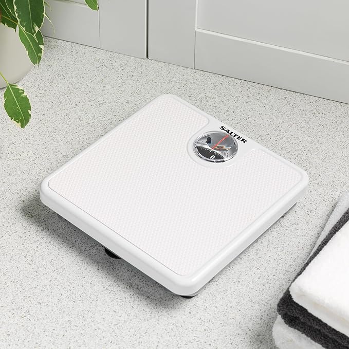 Salter 489JS WHDR Mechanical Bathroom Scales Easy to Read Display with Magnified Lens Measures Precise Weight in Stones and Kilograms No Batteries Required White