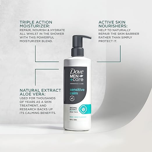 DOVE MEN + CARE Advanced Care Face + Body Cleanser Sensitive Calm 3 Count for Sensitive Skin Body Wash with Natural Extract Aloe Vera 16.9 oz
