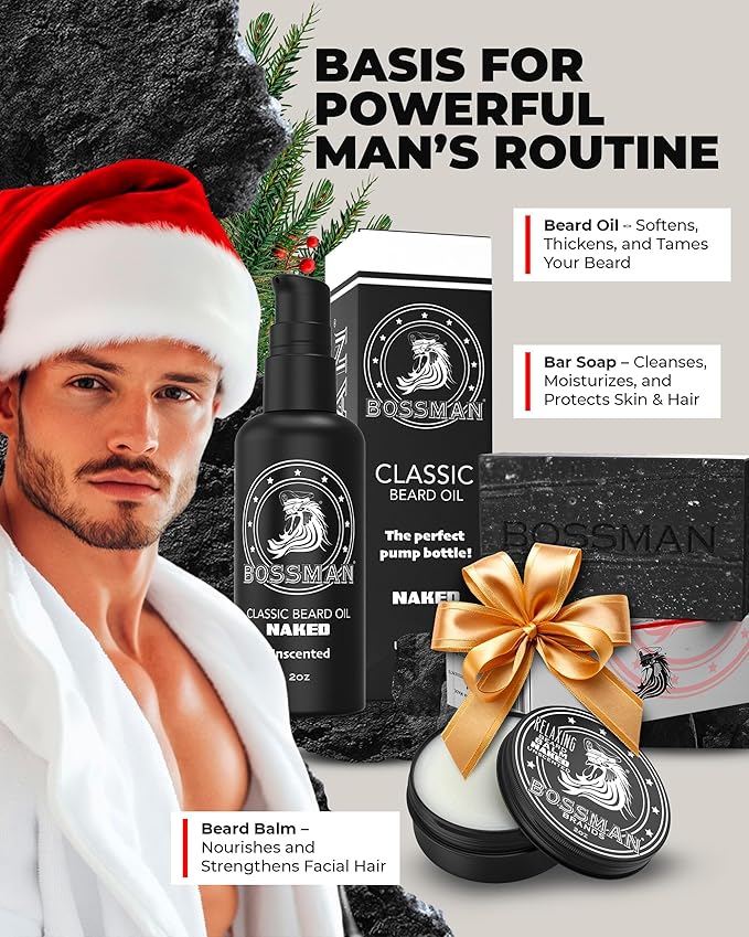 Bossman Starter Beard Kit for Men – Beard Oil (2 oz) Beard Balm &amp Bar Soap – Natural &amp Organic Grooming Kit – Made in the USA Men Gift Set (Naked – Unscented)