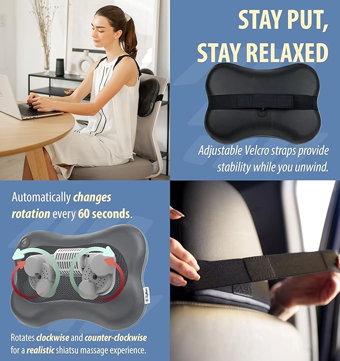 Zyllion Shiatsu Back and Neck Massager with Heat - 3D Electric Kneading Deep Tissue Massage Pillow for Muscle Pain Relief Black ZMA-13