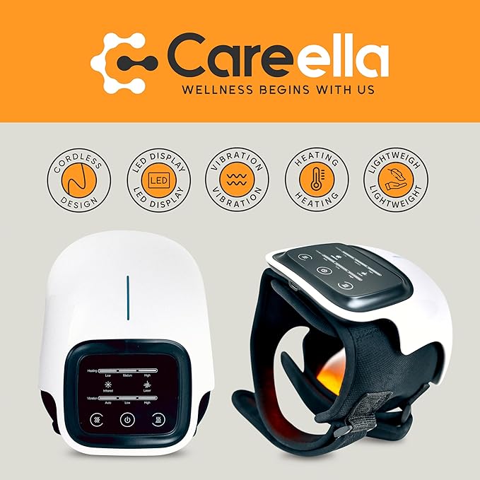 Careella Advanced Wireless Knee Massager – Heated &amp Rechargeable Pad with Smart Vibration Cordless Comfort Device &amp Gentle Light for Knees &amp Joints - XL Size Adjustable Brace - Portable R