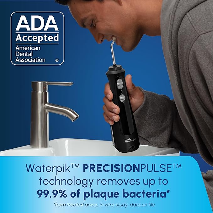 Waterpik Cordless Pearl Rechargeable Portable Water Flosser for Teeth Gums Braces Care and Travel Extra Quiet 4 Flossing Tips - ADA Accepted WF-13 Black Amazon Exclusive