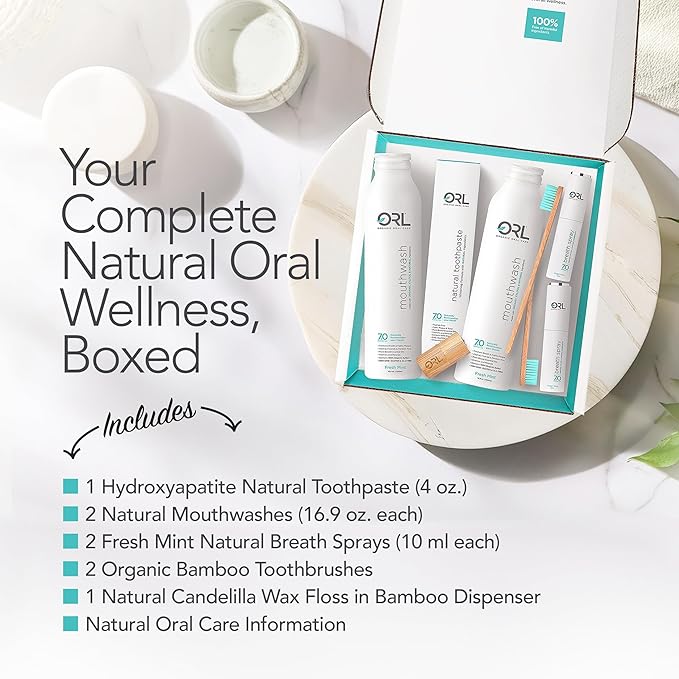 ORL Natural 60-Day Oral Care Kit Includes 1 Toothpaste 2 Mouthwashes 2 Breath Sprays 2 Toothbrushes 1 Floss. Eco-Friendly Fluoride-Free Vegan Gluten-Free and Non-Toxic. Fresh Mint