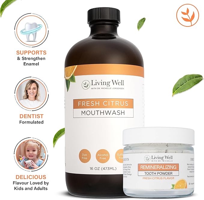 Fresh Citrus Tooth Powder and Mouthwash Bundle Fluoride-Free Hydroxyapatite Oral Care for Kids and Adults Remineralizing Enamel Support Natural Dentist-Developed Formula