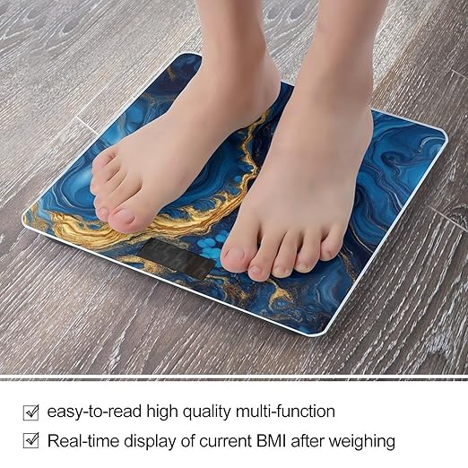 Women's Fashion Automatic Switch Digital Bathroom Weighing Scale Smart Scale Luxury Marble Texture Gold and Blue