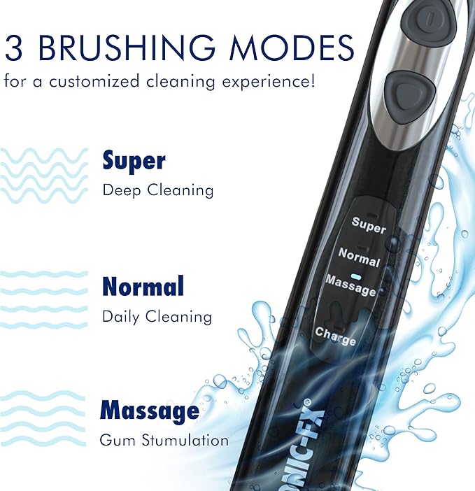 Sonic-FX Solo Electric Toothbrush w/ 10 Brush Heads + 1 Interdental Charcoal Bristles Rechargeable Charging/Storage Base 3 Brush Modes Smart Timer 2 Months Use on Full Charge Black Color