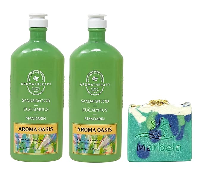 Bath &amp Body Works Aromatherapy Aroma Oasis Sandalwood + Eucalyptus + Mandarin 2 Pack Body Wash + Foam Bath Bundle with an Aloe Vera Bar Soap - Full Size