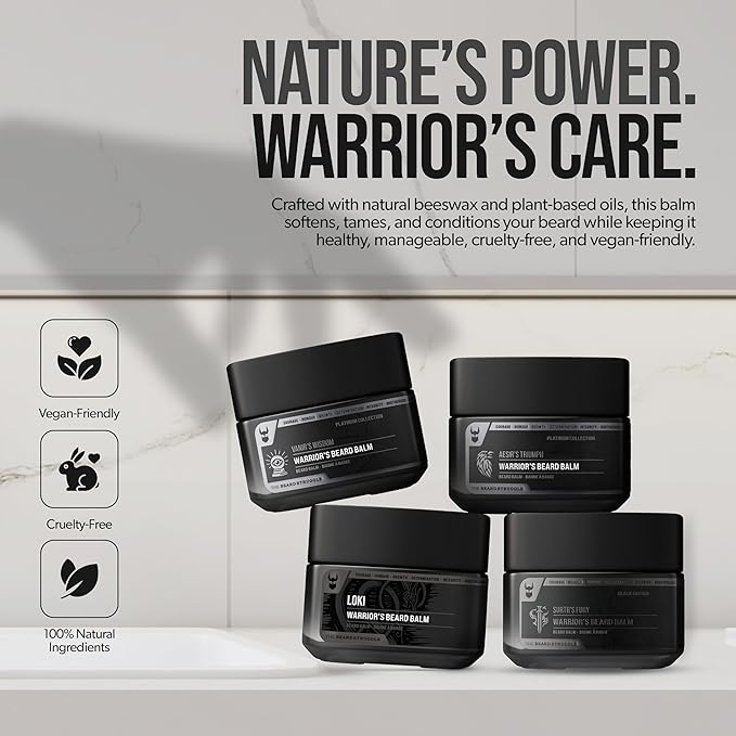 The Beard Struggle Warrior’s Beard Balm - Gold Collection Asgardian Secret - Non-Greasy Low-Hold Formula Luxurious Cologne-Grade Fragrances 100% Natural and Plant-Based Ingredients - 50g