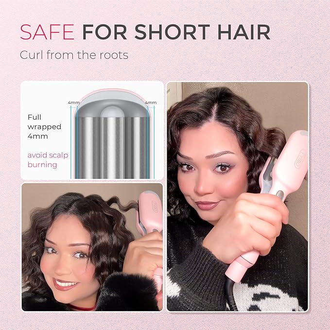 Curling Iron Hair Crimper Waver - TYMO ROVY Beach Waves Curling Wand Ionic Deep Waver Hair Curler Tool with Ceramic 3 Barrel for Women Dual Voltage Anti-Scald Easy to Use Pink 1 Inch (Pack of 2)