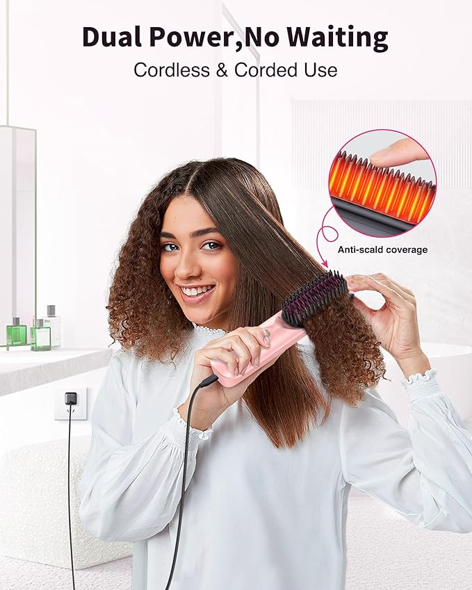 Cordless Hair Straightener - Portable Hot Hair Comb for Travel - 45s Fast Heating - 300 Million Negative Ions for Frizz-Free Gift for Women10000mAh