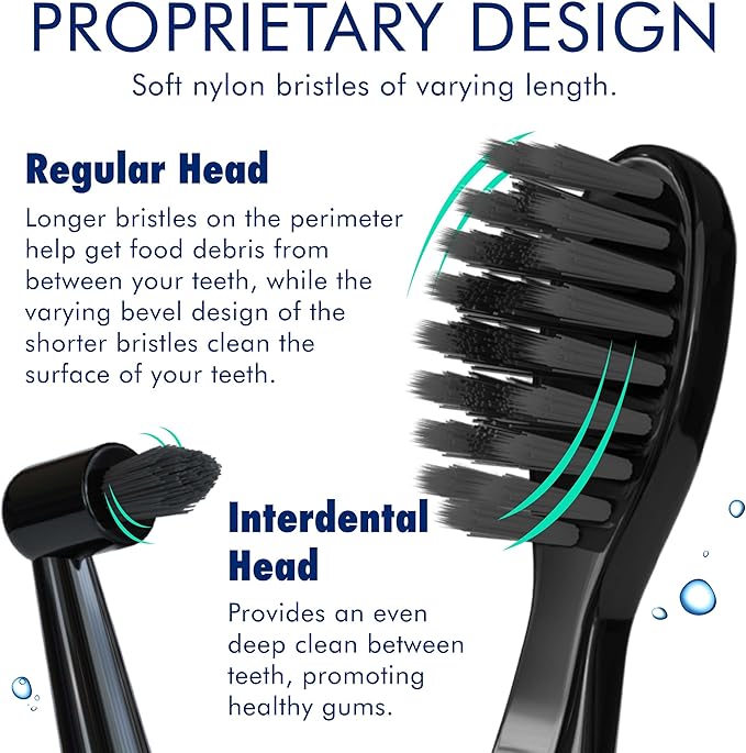 Sonic-FX Solo Electric Toothbrush w/ 10 Brush Heads + 1 Interdental Charcoal Bristles Rechargeable Charging/Storage Base 3 Brush Modes Smart Timer 2 Months Use on Full Charge Black Color