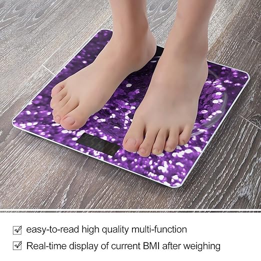 Beautiful Purple Glitter Scale for Body Weight Precision Bathroom Weighing Scales with Back Lit LCD Display Sturdy Tempered Glass Body Weight Scales Digital Bathroom Scale 400lb