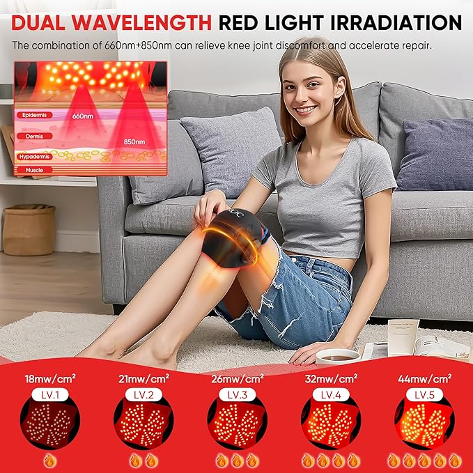Red Light Therapy for Knee Pain ReliefVibration Knee Massager with 660nm&amp850nm3 in 1 Heated Knee Brace for Knee/Joint/Elbow/ShoulderRechargeable Near Infrared Light Therapy Device