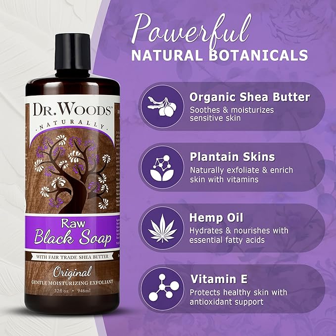 Dr. Woods Raw African Liquid Black Soap - Body Wash for Men and Women Contains Organic Shea Butter Gentle Exfoliant Natural Cleanser for Face Hands and Body - 32 Fl Oz Pack of 3