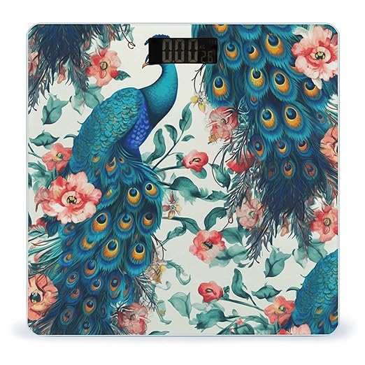 Beautiful Peacock Flowers Scale for Body Weight High Precision Digital Weight Scales with LCD Display Anti-Slip Sturdy Slim Tempered Glass Bathroom Scale for Home Use