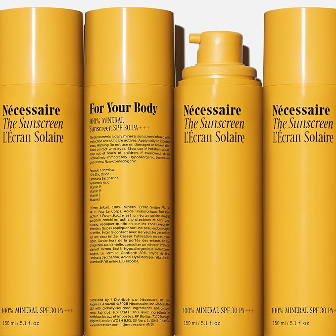 Nécessaire The Mineral Sunscreen SPF 30 PA+++. For The Body. Broad Spectrum. Zinc Oxide Hyaluronic Acid Niacinamide. Hydrate. Protect Against Sun Damage + Premature Aging. Dermatologist-Tested 5.1oz